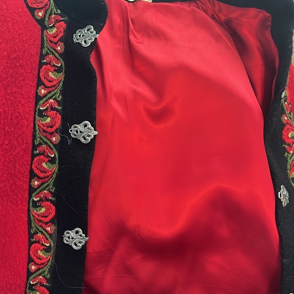 Vintage Boiled Wool Jacket Red with Embroidered Trim Metal Fasteners - Picture 9 of 10